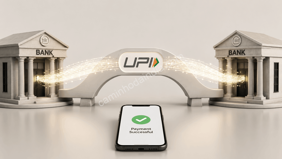 Ilustração mostrando a infraestrutura do UPI conectando mais de 650 bancos na Índia para realizar pagamentos e transferências instantâneas entre contas bancárias