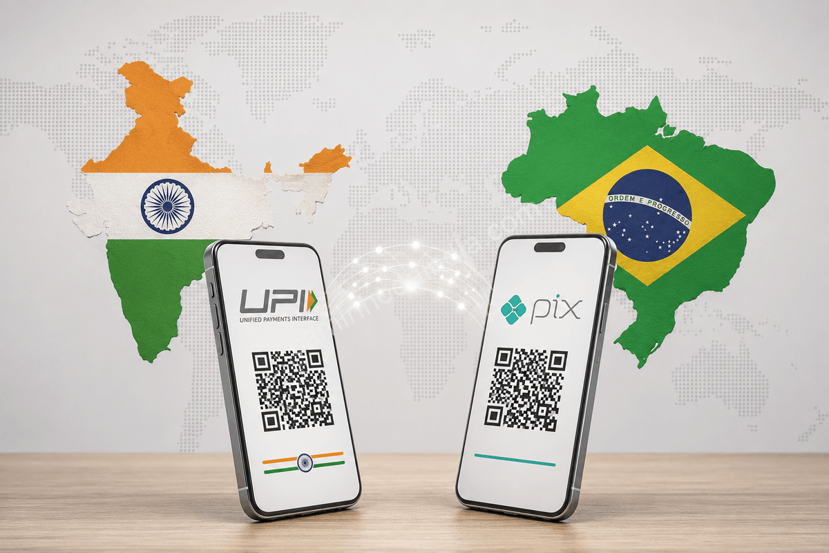 integracao-pix-upi-brasil-india Ilustração mostrando os sistemas de pagamentos Pix, do Brasil, e UPI, da Índia, conectados por uma infraestrutura digital, representando as discussões sobre uma futura integração entre as duas plataformas