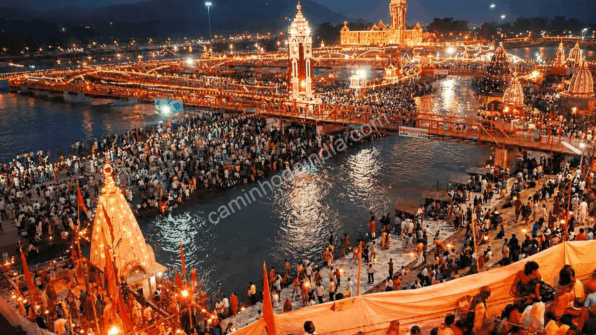 Multidão de peregrinos reunida durante a Maha Kumbh Mela, o maior evento religioso do mundo, às margens do rio Ganges, na Índia