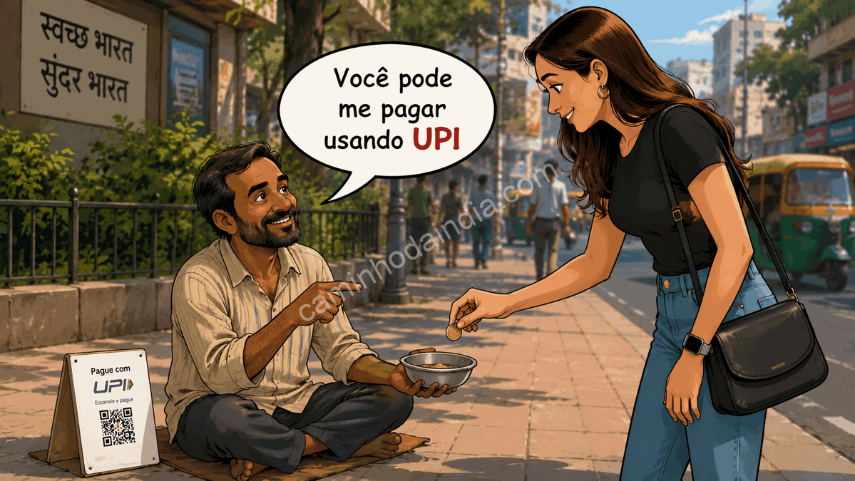 memes-upi-cultura-digital-india Charge mostrando um mendigo apontando para um pequeno QR Code do UPI enquanto uma mulher tenta colocar uma moeda em sua tigela, ilustrando de forma humorística como o UPI se tornou parte da cultura popular e dos memes na Índia.
