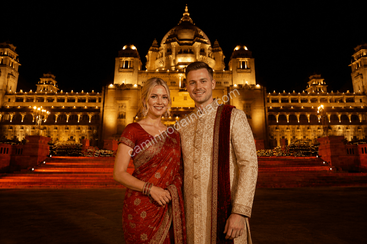 Casal estrangeiro vestido com trajes tradicionais indianos em frente a um palácio de Jodhpur, um dos principais destinos de casamentos de luxo na Índia