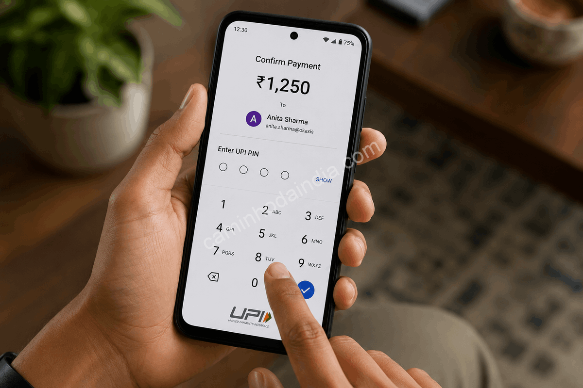 Close-up de um smartphone solicitando o PIN do UPI para autorizar um pagamento, demonstrando a camada adicional de segurança utilizada nas transações digitais na Índia