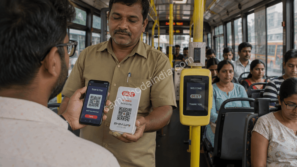 Passageiro utilizando um aplicativo compatível com o UPI para pagar a passagem em um ônibus público na Índia por meio de um QR Code, sem precisar usar dinheiro em espécie.