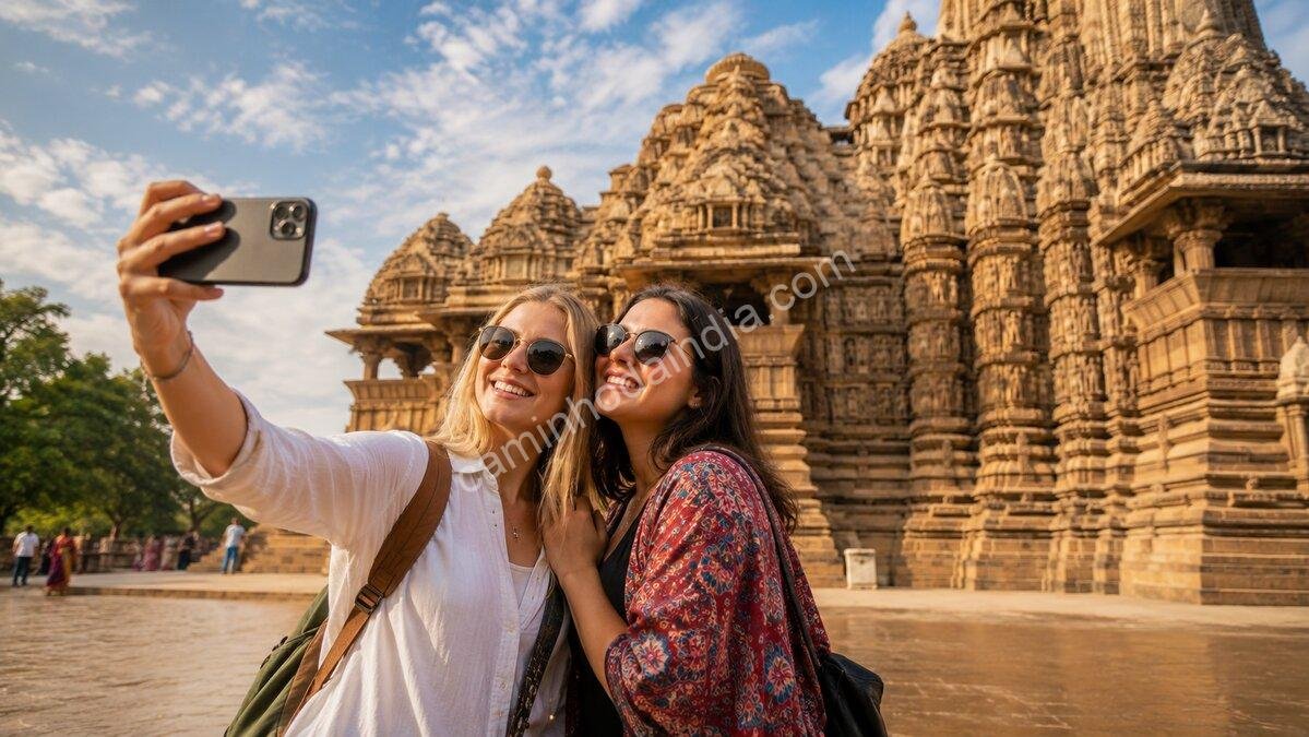 turistas-estrangeiras-tirando-selfie-em-templo-na-india Duas turistas estrangeiras tiram uma selfie em frente a um antigo templo hindu na Índia, destacando a arquitetura histórica e o turismo cultural do país