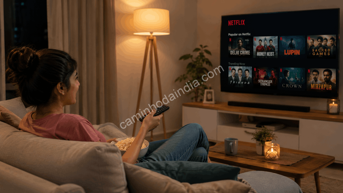 Mulher assistindo a uma plataforma de streaming enquanto o UPI AutoPay realiza automaticamente o pagamento da assinatura recorrente por meio de um aplicativo compatível com o UPI na Índia