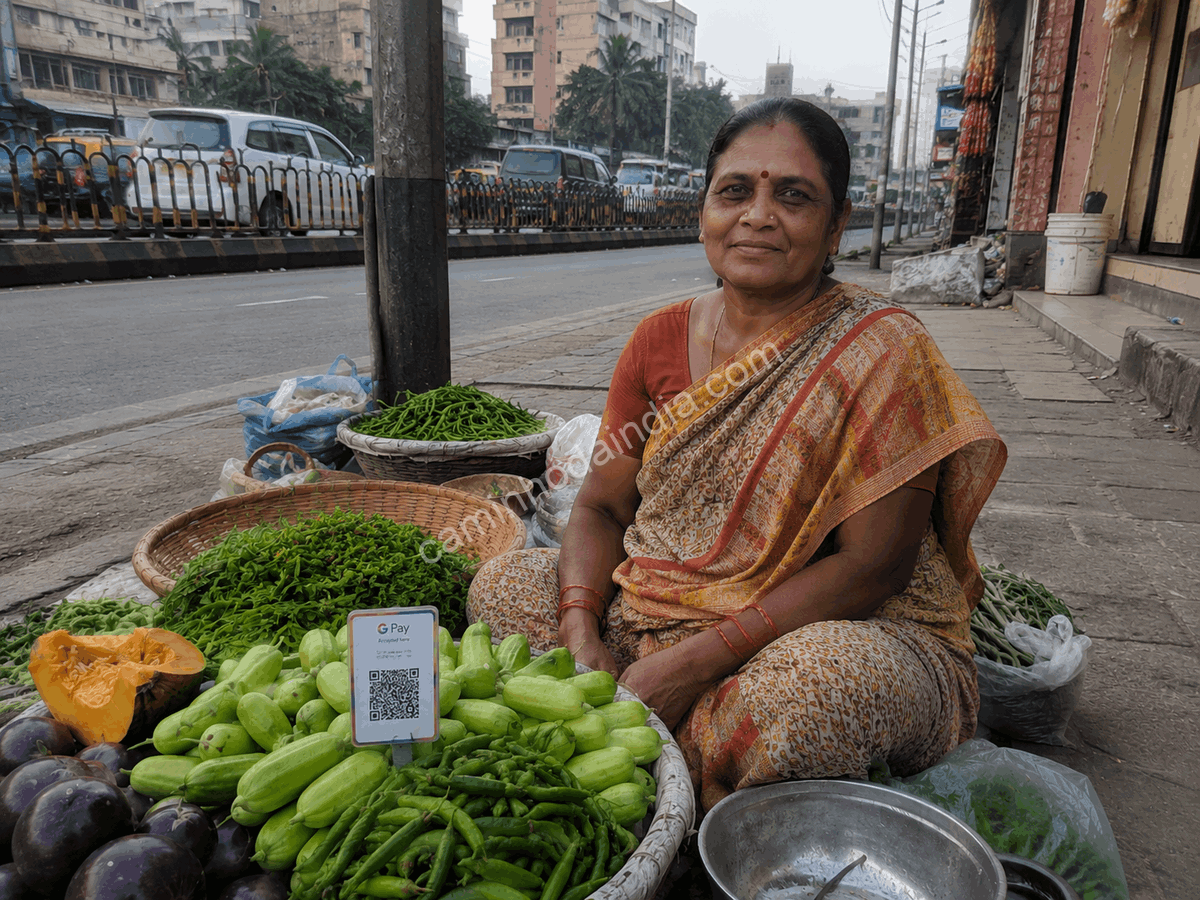 Vendedora ambulante de verduras em uma rua da Índia com um QR Code do UPI ao lado dos produtos, permitindo que os clientes façam pagamentos instantâneos pelo celular sem usar dinheiro em espécie