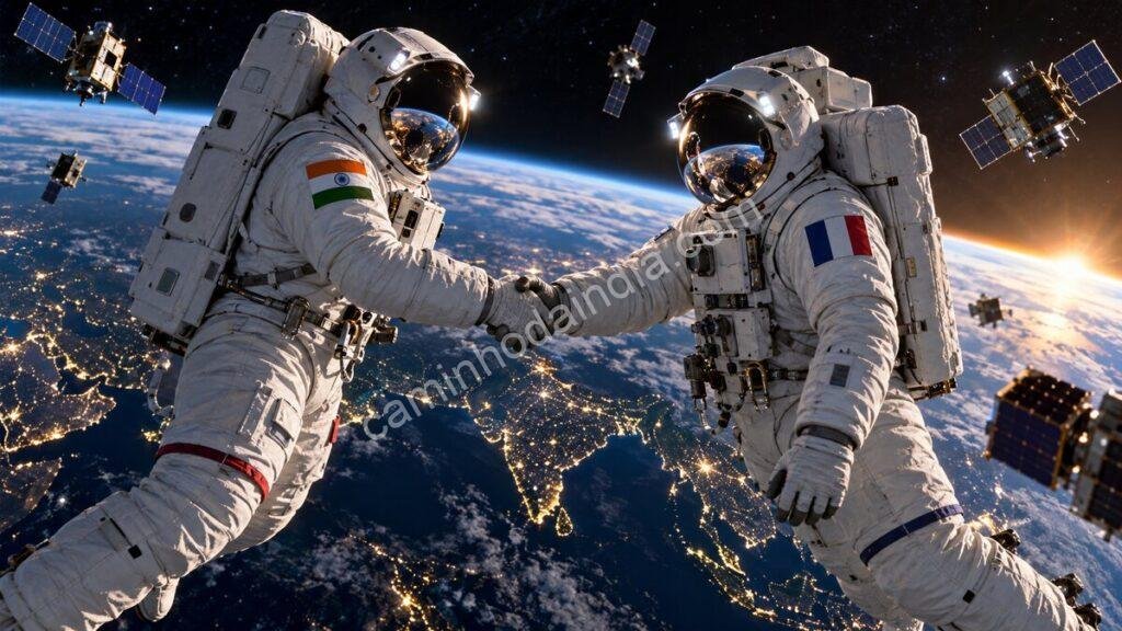 Astronautas indiano e francês apertam as mãos em órbita baixa da Terra, simbolizando a crescente cooperação entre os dois países na exploração e na tecnologia espacial.